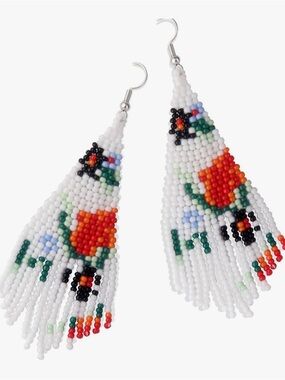 White Multicolor Beaded Floral Fringe Earrings
